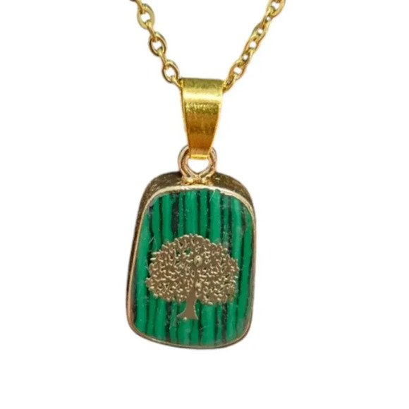 Green Malachite Tree of Life Necklace with 18in Gold Chain - Picture 1 of 6